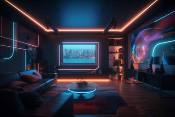 Fototapeta premium modern living room with colorful neon lights, Generative AI