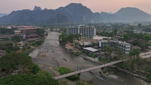 Aerial view of Vang Vieng and Nam Song river at sunset, Laos