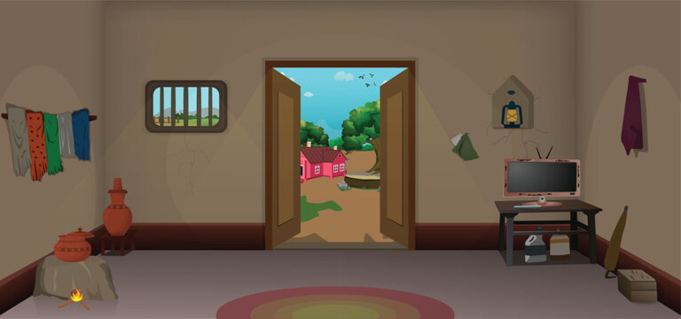 Village poor room inside with door cartoon background, Poor house room interior vector illustrations.