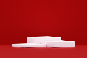 White podium geometric pedestal minimal platform product presentation display showroom on red background 3d