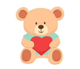 Cute bear toy with heart. Hand drawn flat illustration isolated on white
