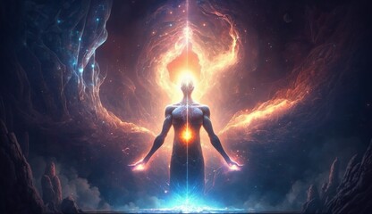 Generative AI
Spirituality, esoteric, meditation, universe meta human god spirit, 
galaxy space background, spiritual image, design, illustration wallpaper, 
yoga, brain waves, brain, chakra, planet, 