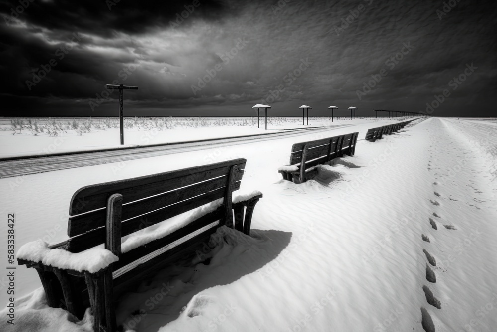 Poster benches in a snowy field with a gloomy sky in the background. generative ai