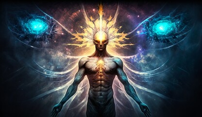 Generative AI
Spirituality, esoteric, meditation, universe meta human god spirit, 
galaxy space background, spiritual image, design, illustration wallpaper, 
yoga, brain waves, brain, chakra, planet, 