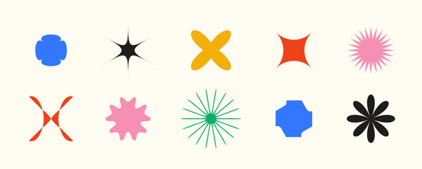 Primitive geometric shapes collection. Abstract stars and flowers forms in Swiss or bauhaus style. Brutalist elements set for poster, banner, collage. Vector signs. 