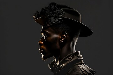 Profile of black man with hat. silhouette of black man wearing a fedora hat created with Generative AI technology