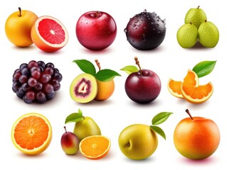 Set of fresh different fruits. Collection isolated on white background. generative ai