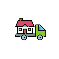 Relocation and moving houses icon. Truck carrying a house. Illustration isolated on transparent background