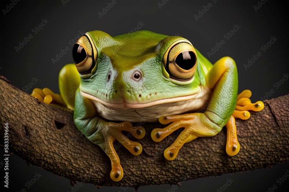 Poster picture of a javan tree frog with its head resting on a limb and the frog flying in for a closeup Generative AI