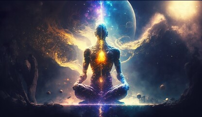Generative AI
Spirituality, esoteric, meditation, universe meta human god spirit, 
galaxy space background, spiritual image, design, illustration wallpaper, 
yoga, brain waves, brain, chakra, planet, 