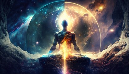 Generative AI
Spirituality, esoteric, meditation, universe meta human god spirit, 
galaxy space background, spiritual image, design, illustration wallpaper, 
yoga, brain waves, brain, chakra, planet, 
