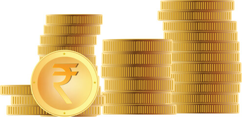 Gold rupee coins. Indian money, stacked golden coins. Rupee cash, currency isolated on white background vector icons. Money gold currency, cash wealth golden rupee illustration