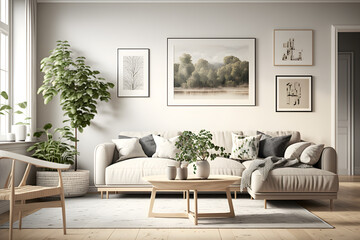 Simple living room with a beige sofa and Scandinavian design