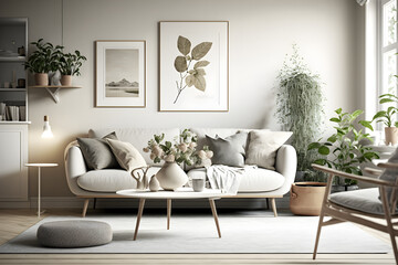 Simple living room with a beige sofa and Scandinavian design