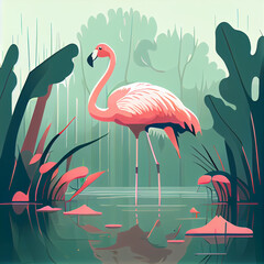 A flamingo in a swamp, minimalistic flat design illustration, Generative AI