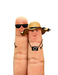 Happy couple honeymoon finger face on vacation 
