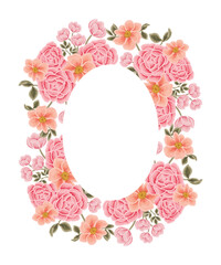 Beautiful romantic peach pink flower frame with roses, lilac floral, peony, poppy and leaf branch illustration elements for wedding card, invitation, decoration isolated on transparent background