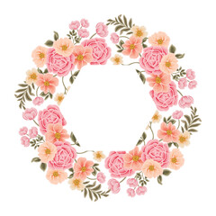 Beautiful romantic peach pink flower frame with roses, lilac floral, peony, poppy and leaf branch illustration elements for wedding card, invitation, decoration isolated on transparent background