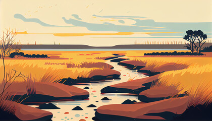 Salt Marsh, flat design, minimalistic landscape illustration, Generative AI
