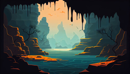 Underwater Canyon, flat design, minimalistic landscape illustration, Generative AI