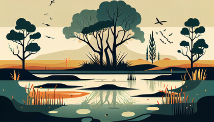 Wetland, flat design, minimalistic landscape illustration, Generative AI