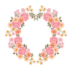 Beautiful romantic flower frame wreath with roses, lilac floral, peony, poppy and leaf branch illustration elements for wedding card, invitation, decoration