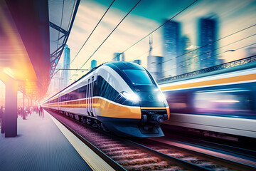 Naklejka premium High-speed train at the station and a blurred city in the background, high resolution, high-quality image, travel, lighting, colorfulness, fast travel, be on time, technology