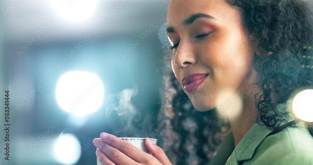 Poster Morning, thinking and woman drinking coffee with a positive business mindset smile and enjoying a cup of tea at work. Employee, peace and calm female worker relax while sipping hot beverage with idea