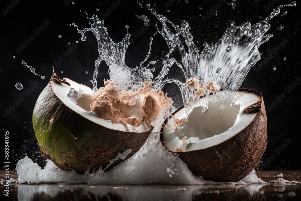 Poster selective focus and blurry backdrop of fresh half-broken coconuts with water splashing around on a s