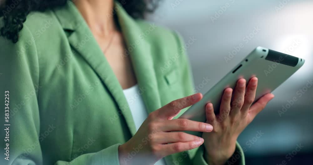 Poster hands, tablet and research with a business black woman at work to search the internet for data or in