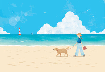 夏の空と海と砂浜を散歩する犬と女性水彩画