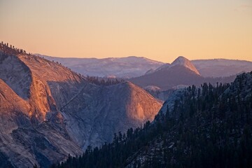 Naklejka premium Sunset falls over the high country of Yosemite, where California Highway 120 connects the Central Valley of California on the western side with the Eastern Sierra to the east.