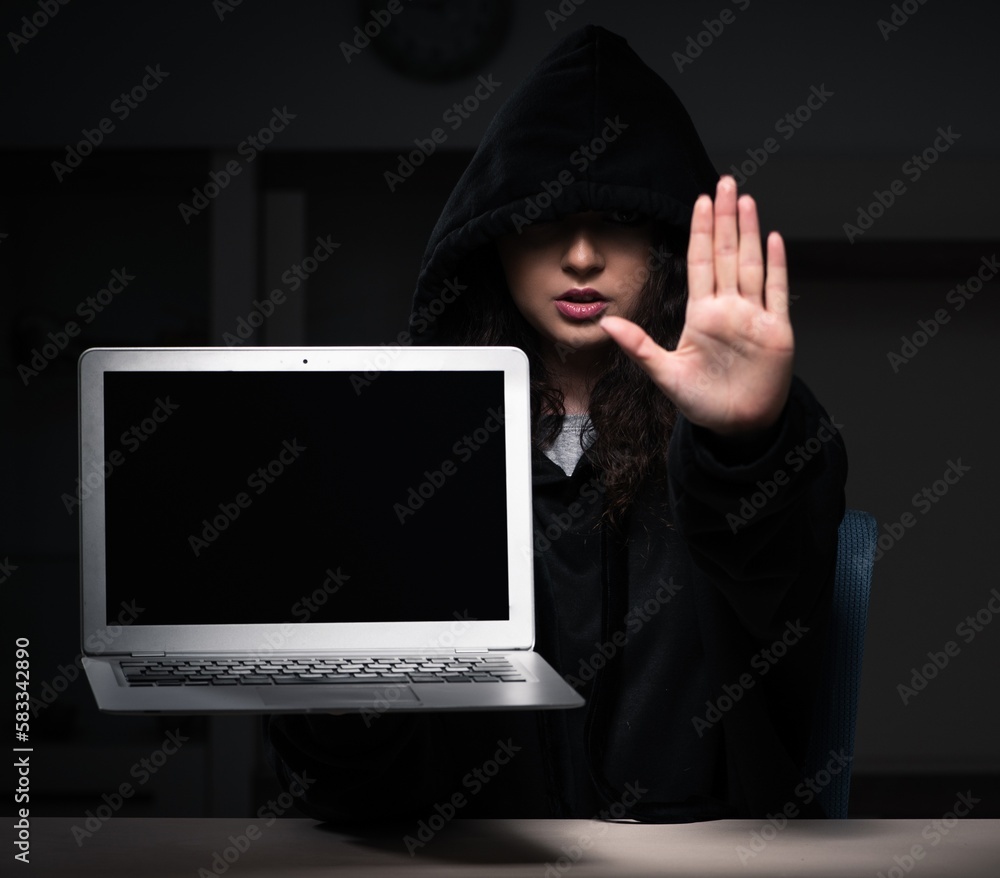 Poster female hacker hacking security firewall late in office