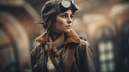 Steampunk-Themed Futuristic Woman Wearing Goggles: Industrial Aesthetics Meets Sci-Fi | High-Quality Stock Photo