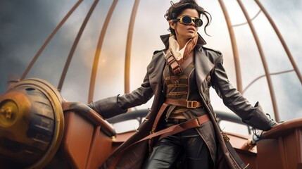 Steampunk-Themed Futuristic Woman Wearing Goggles: Industrial Aesthetics Meets Sci-Fi | High-Quality Stock Photo