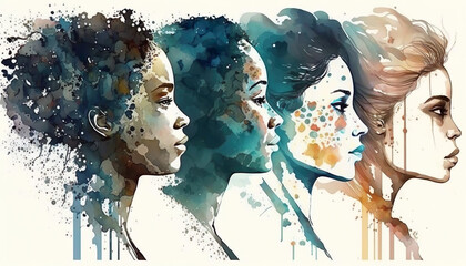 Multicultural portraits of young women symbolize the success of equality, watercolor illustration, people art. Generative AI