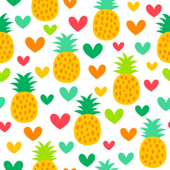 Colorful cute hand drawn pineapple and heart seamless pattern background.