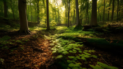 A dense, lush forest, where towering trees reach up to the sky and a thick carpet of green foliage covers the forest floor. AI Generated