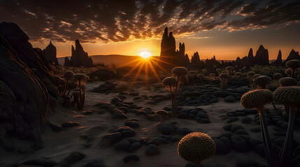 A magnificent sunset over a vast, otherworldly desert landscape, with towering rock formations and strange, alien plant life silhouetted against the sky. AI Generated