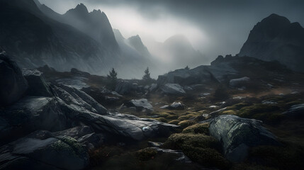 A dramatic and moody landscape photograph of a rocky mountain range shrouded in mist and fog. AI Generated