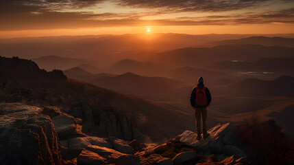 A lone hiker stands on the edge of a cliff, overlooking a sweeping mountain range that stretches as far as the eye can see. AI Generated