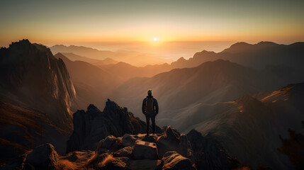 A lone hiker stands atop a jagged mountain peak, surveying the awe-inspiring vista that stretches out before them. AI Generated