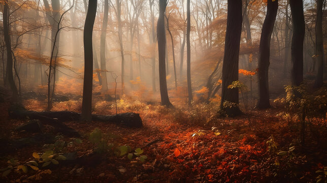 A magical autumn forest scene, with trees painted in shades of orange, yellow, and red, and a soft mist rising from the forest floor.  AI Generated