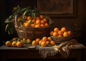 Obraz na płótnie Canvas Still life with oranges on rustic wooden table. Generative AI. 