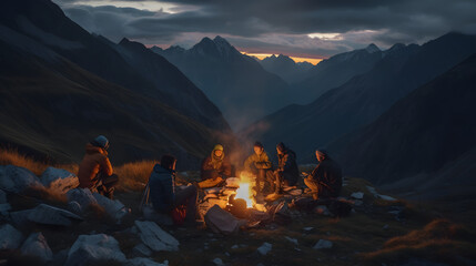 A picturesque mountain landscape at dusk with a group of hikers gathered around a crackling campfire, cooking up a delicious meal after a long day of trekking. AI Generated