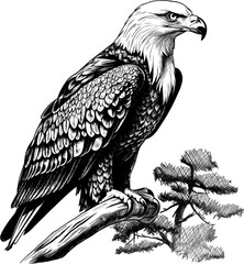 Vintage engraving style illustration of a bald eagle perched on a branch.