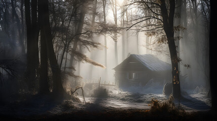 A misty and atmospheric forest landscape, captured during the winter season. The soft, diffused light filters through the mist, casting a dreamlike quality over the entire scene. AI Generated