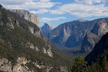 Looking over Yosemite Valley, a glacial valley in the Sierra Nevada Mountain Range of California, from the Tunnel View turnout on a beautiful fall day.