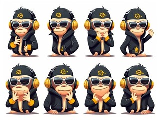 Set Monkey Cartoon cute character. Collection isolated on white background. generative ai