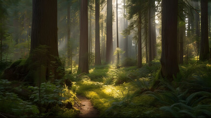 A peaceful and tranquil forest grove, bathed in the warm, gentle light of the morning sun. AI Generated